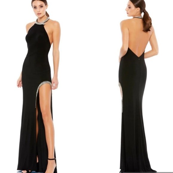 NWT MAC DUGGAL BLACK EMBELLISHED COLLAR SLIT HALTER DRESS 2 - Picture 1 of 4